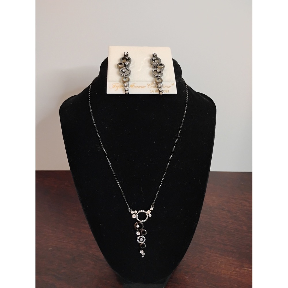 Fifth Avenue‎ Collection Gunmetal Crystal Necklace and Earring Set 14K Gold Post